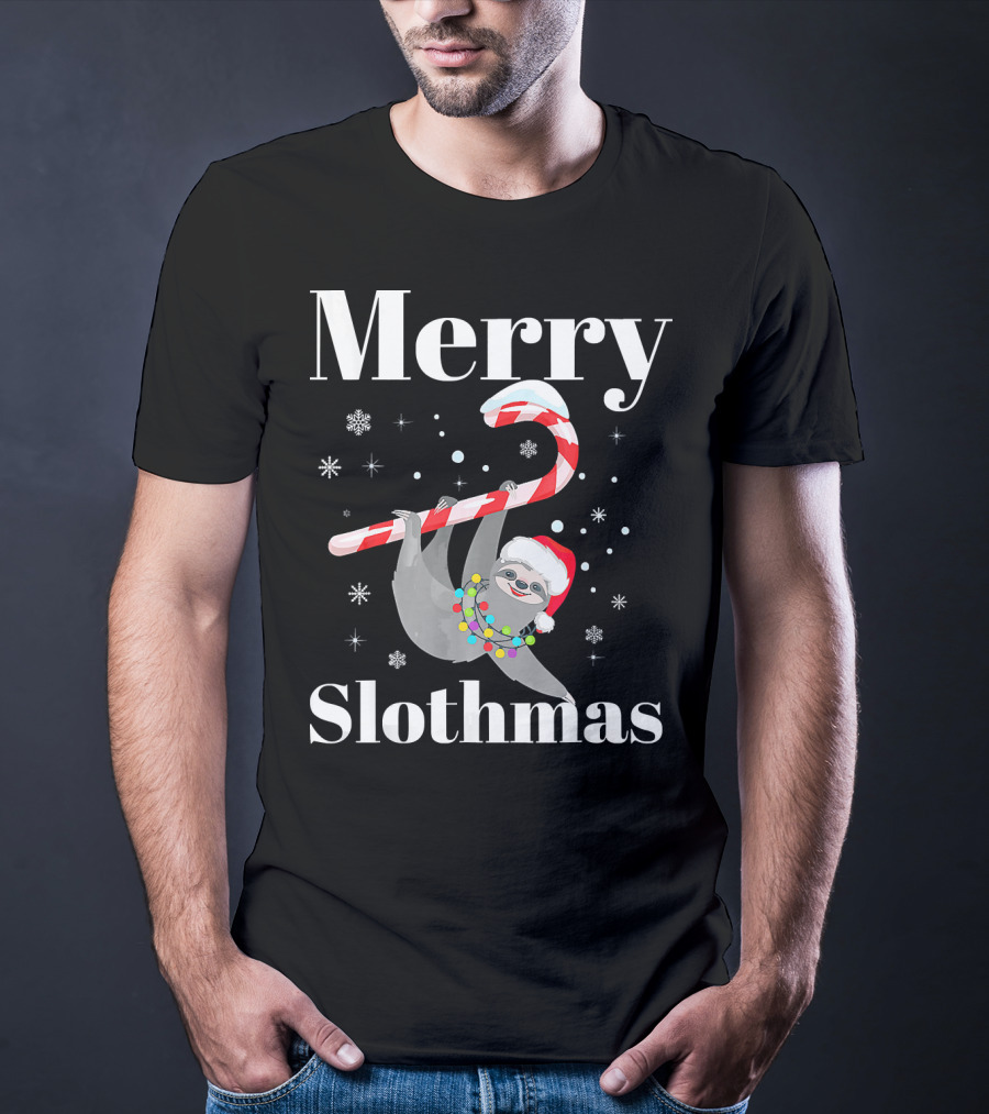 Merry Slothmas Christmas Sloths Candy Cane Santa Hat Snowflakes T-Shirt