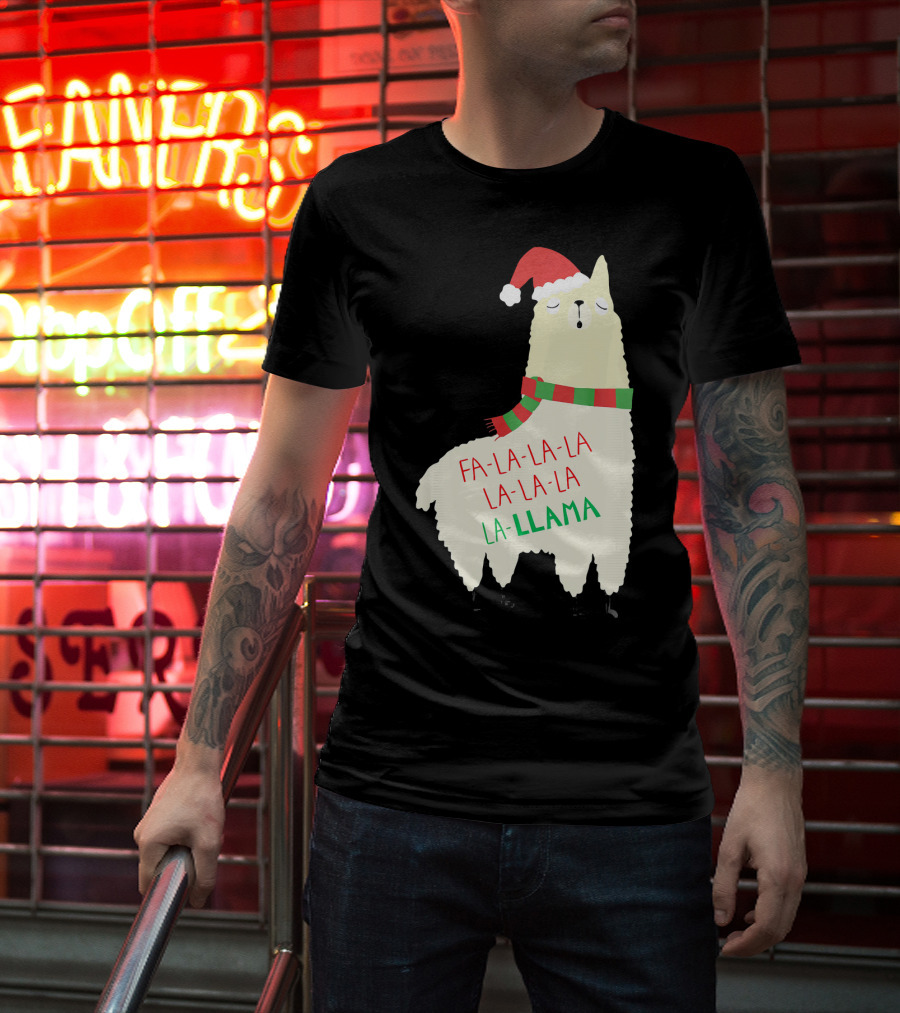 Fa La La La Llama Holiday Llama In Santa Hat And Scarf T-Shirt