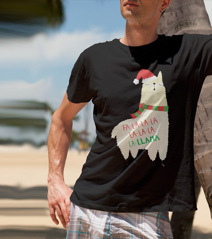 Fa La La La Llama Holiday Llama In Santa Hat And Scarf T-Shirt