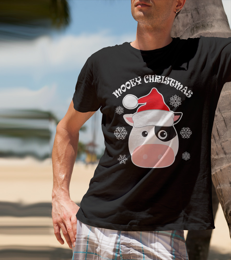 Mooey Christmas Cow Santa Hat Snowflakes T-Shirt