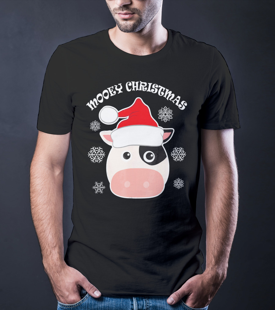 Mooey Christmas Cow Santa Hat Snowflakes T-Shirt