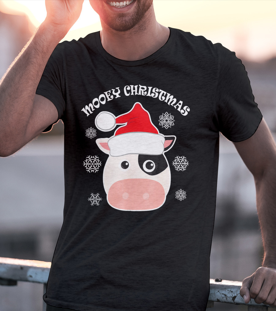 Mooey Christmas Cow Santa Hat Snowflakes T-Shirt