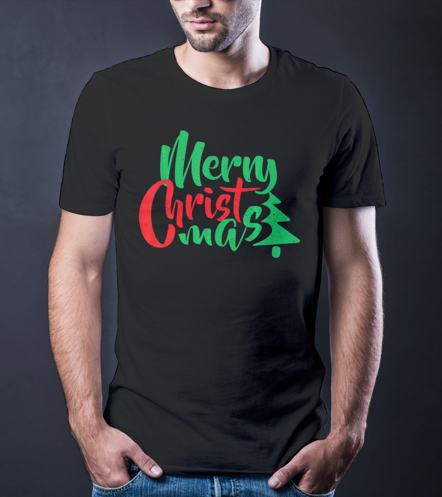 Merry Christmas Tree Design In Festive Red And Green T-Shirt