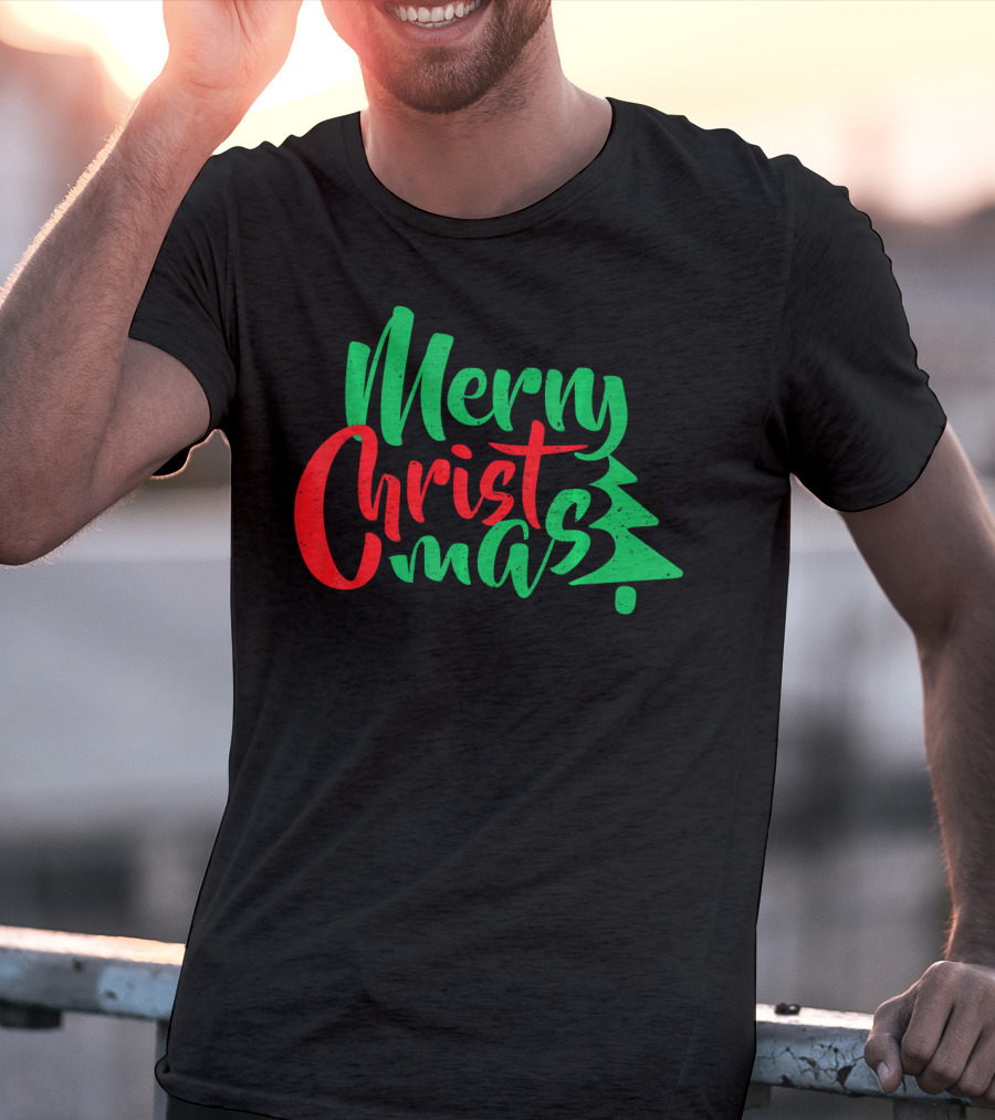 Merry Christmas Tree Design In Festive Red And Green T-Shirt