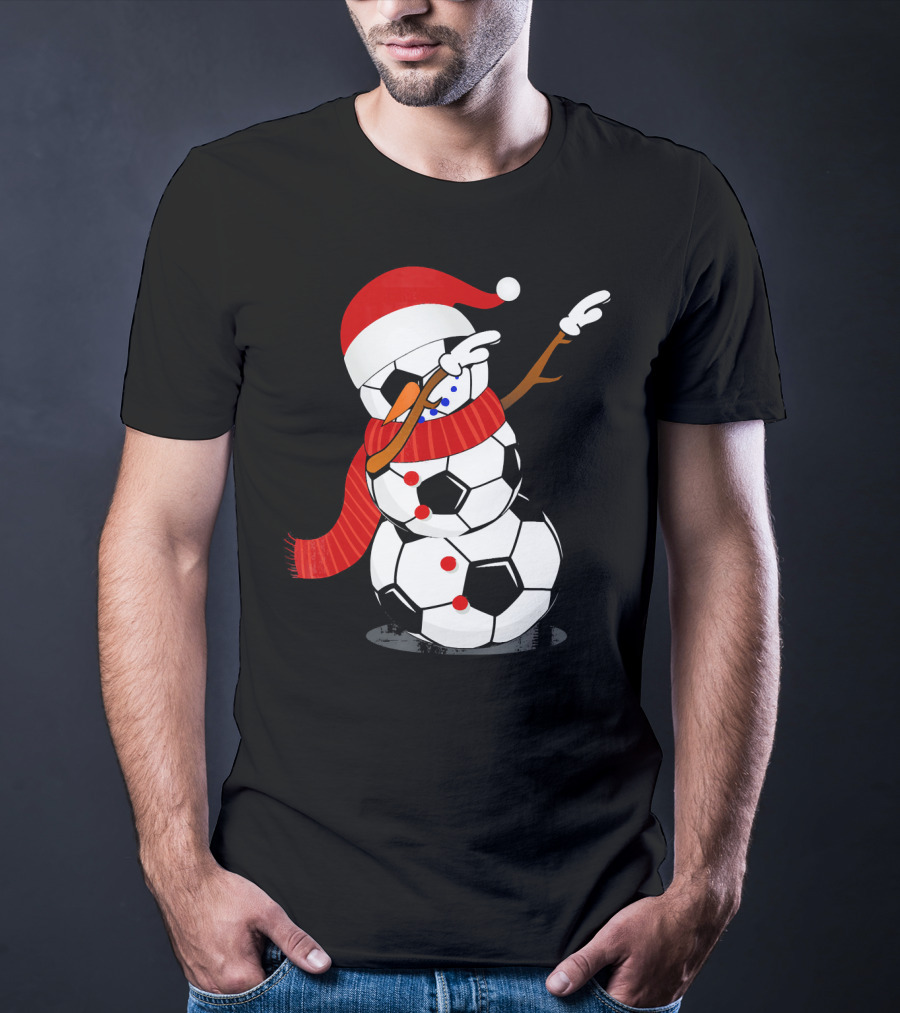 Festive Soccer Ball Dabbing Snowman With Santa Hat And Scarf T-Shirt