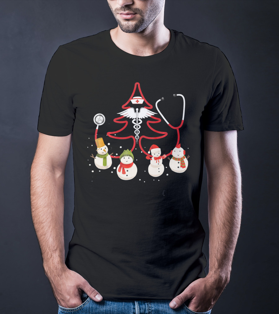Nurse Christmas Costume Funny Chris Snowmen Stethoscope Tree T-Shirt