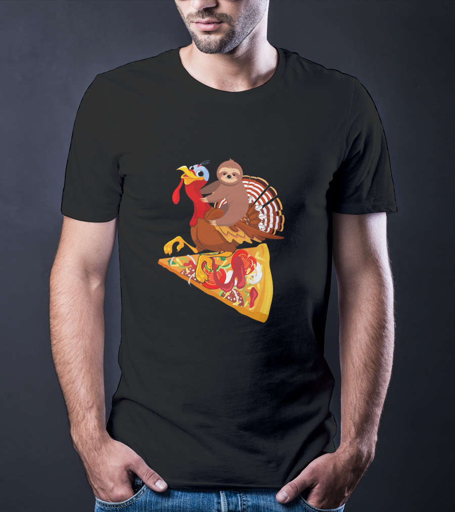 Sloth Riding Turkey On Pizza Slice Surreal Fun T-Shirt