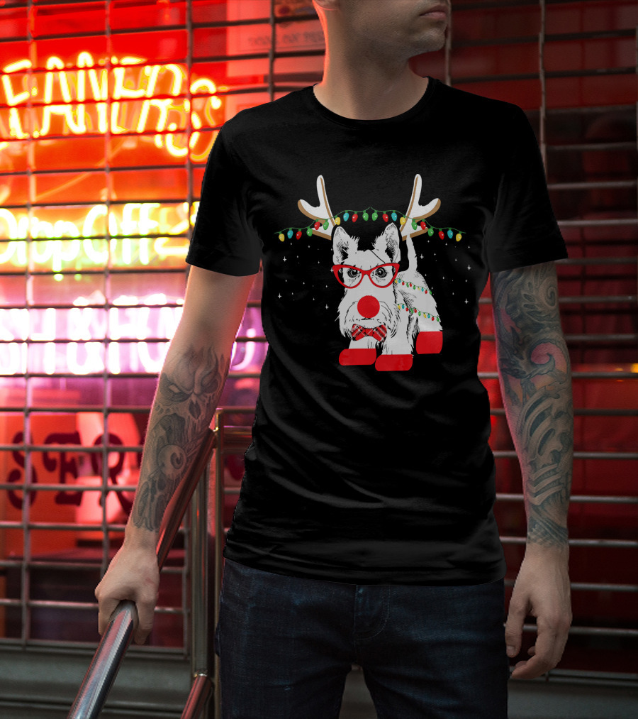 Scottie Dog Christmas Reindeer Lights And Bow Tie T-Shirt