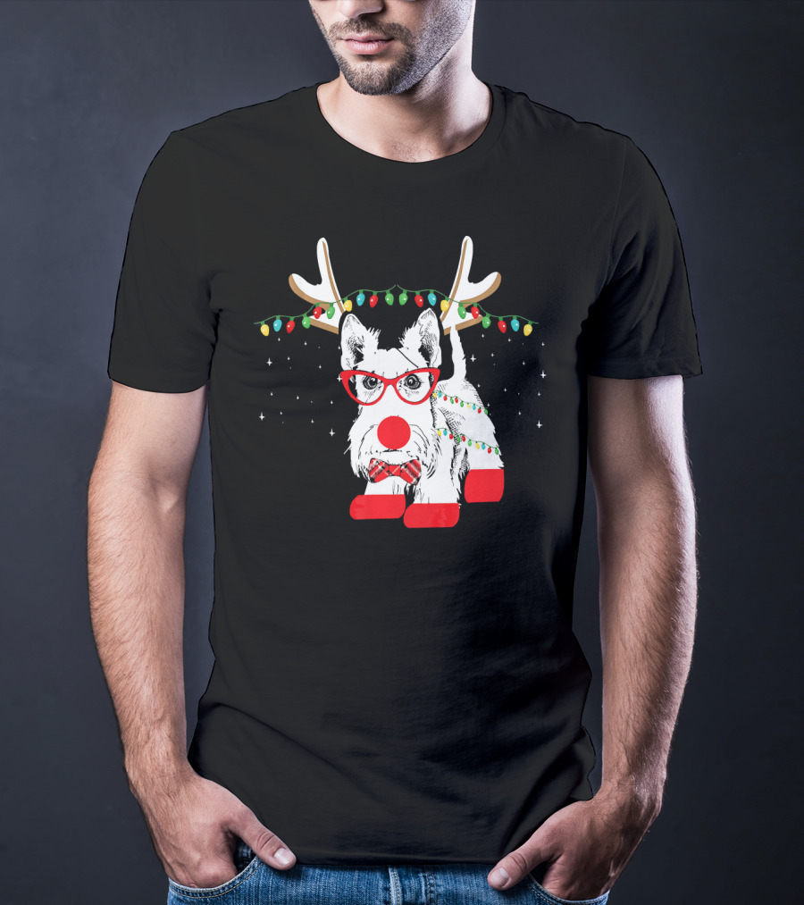 Scottie Dog Christmas Reindeer Lights And Bow Tie T-Shirt