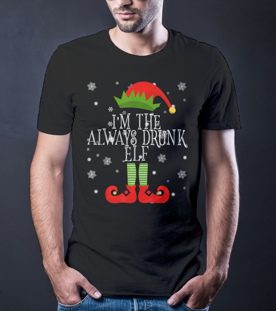 I'm The Always Drunk Christmas Elf Snowflakes Red Hat Green Striped Socks T-Shirt