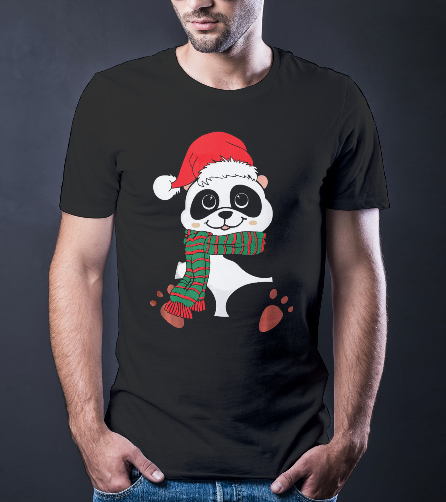 Christmas Panda In Santa Hat And Scarf Winter Vacation T-Shirt
