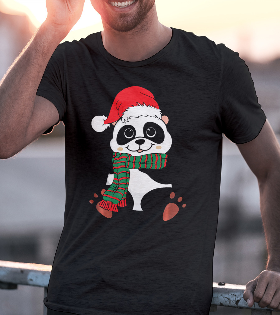 Christmas Panda In Santa Hat And Scarf Winter Vacation T-Shirt