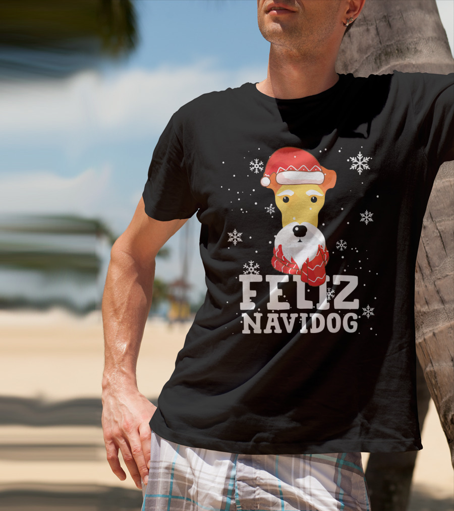 Feliz Navidog Fox Terrier Wire Dog Santa Hat Snowflakes T-Shirt
