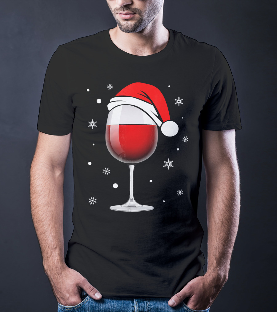 Santa Hat Wine Glass Funny Christmas Holid Snowflakes T-Shirt