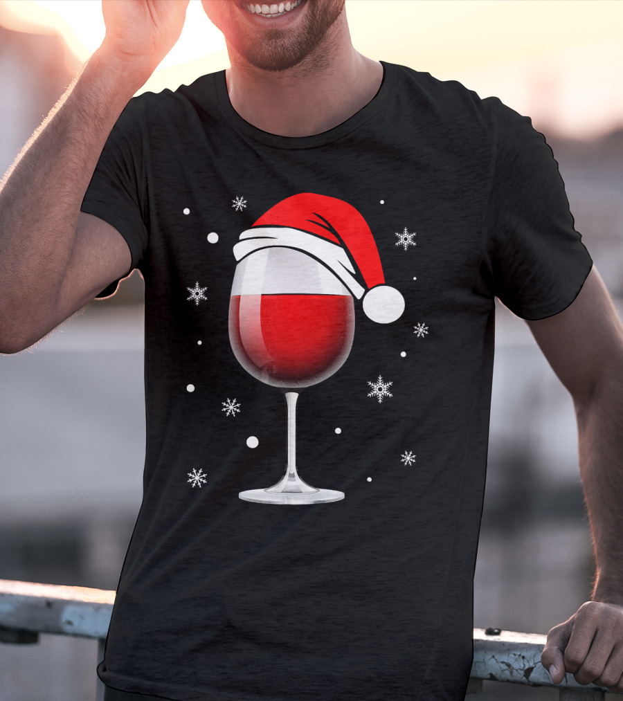 Santa Hat Wine Glass Funny Christmas Holid Snowflakes T-Shirt