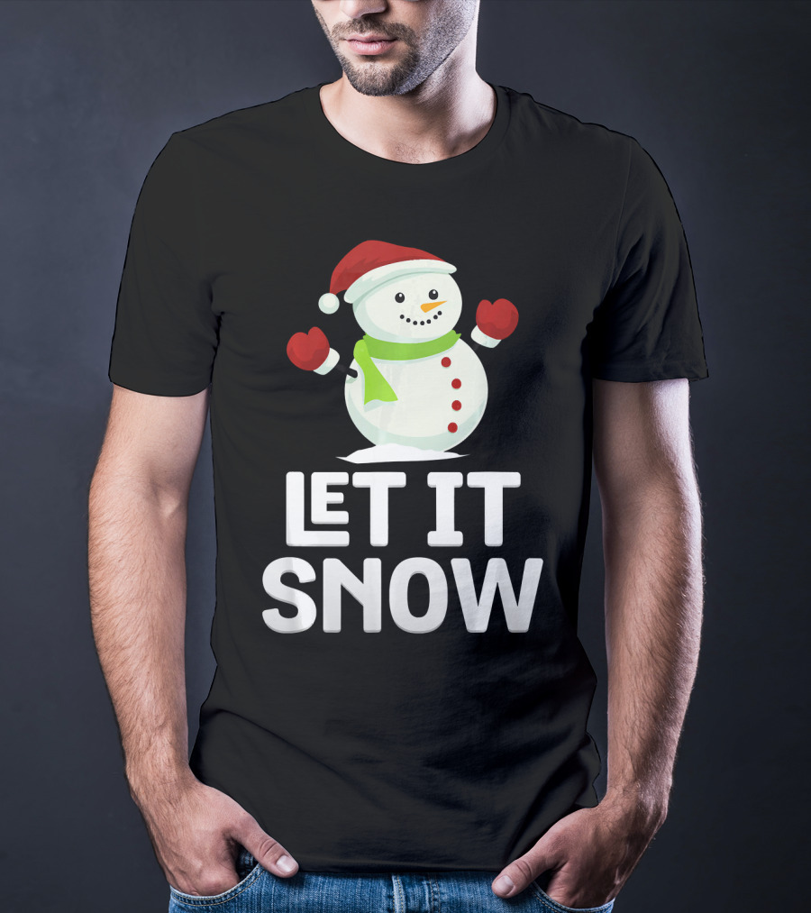 Let It Snow Snowman With Santa Hat And Snowflakes T-Shirt