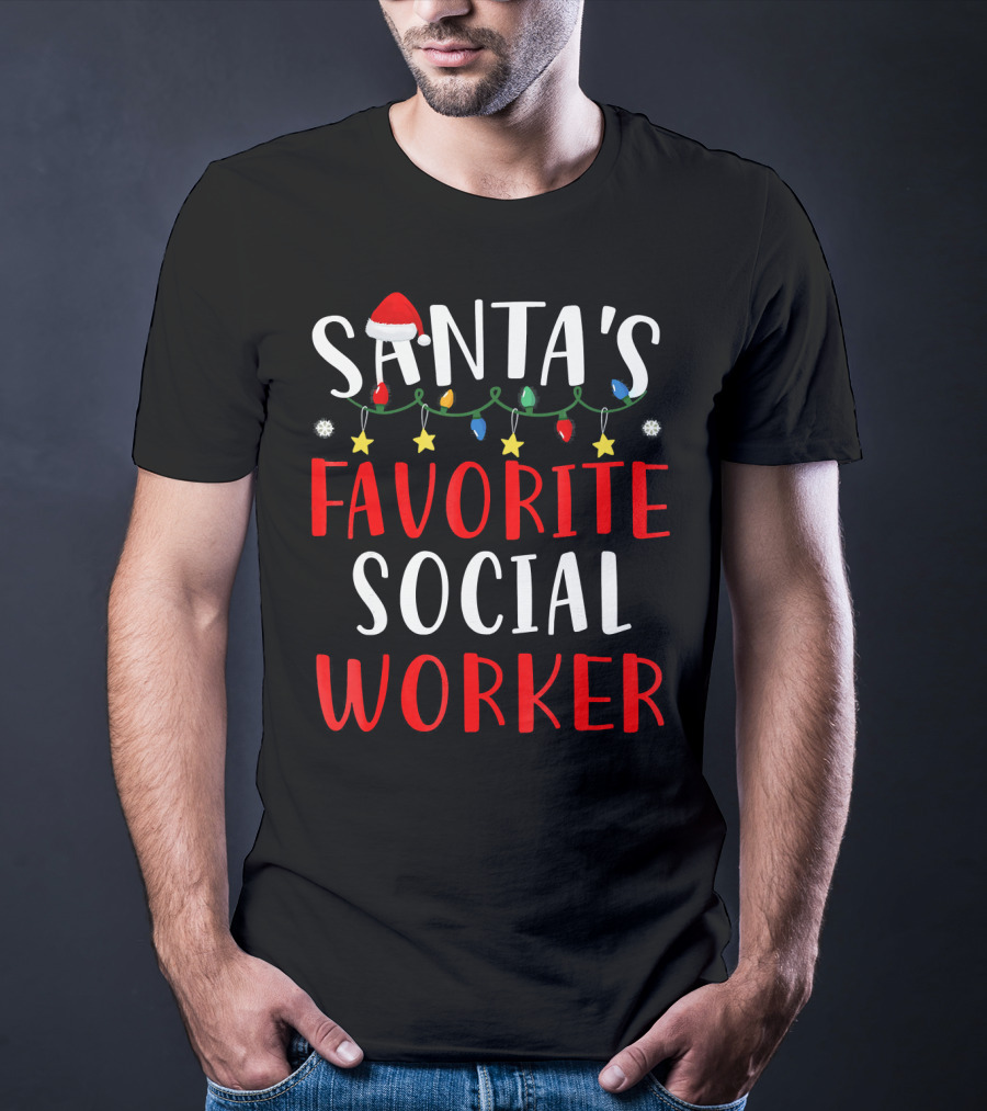 Santa's Favorite Social Worker Christmas Lights Festive Snowflakes Stars T-Shirt