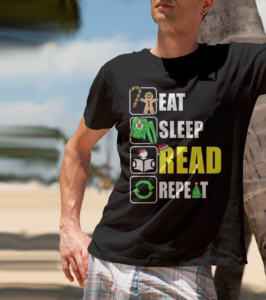 Eat Sleep Read Repeat Christmas Gingerbread Candy Cane Sweater Book Tree T-Shirt