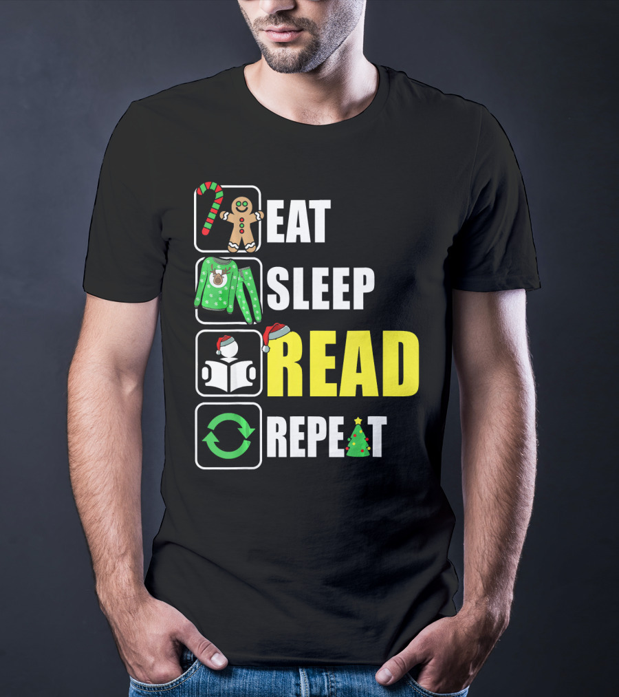 Eat Sleep Read Repeat Christmas Gingerbread Candy Cane Sweater Book Tree T-Shirt