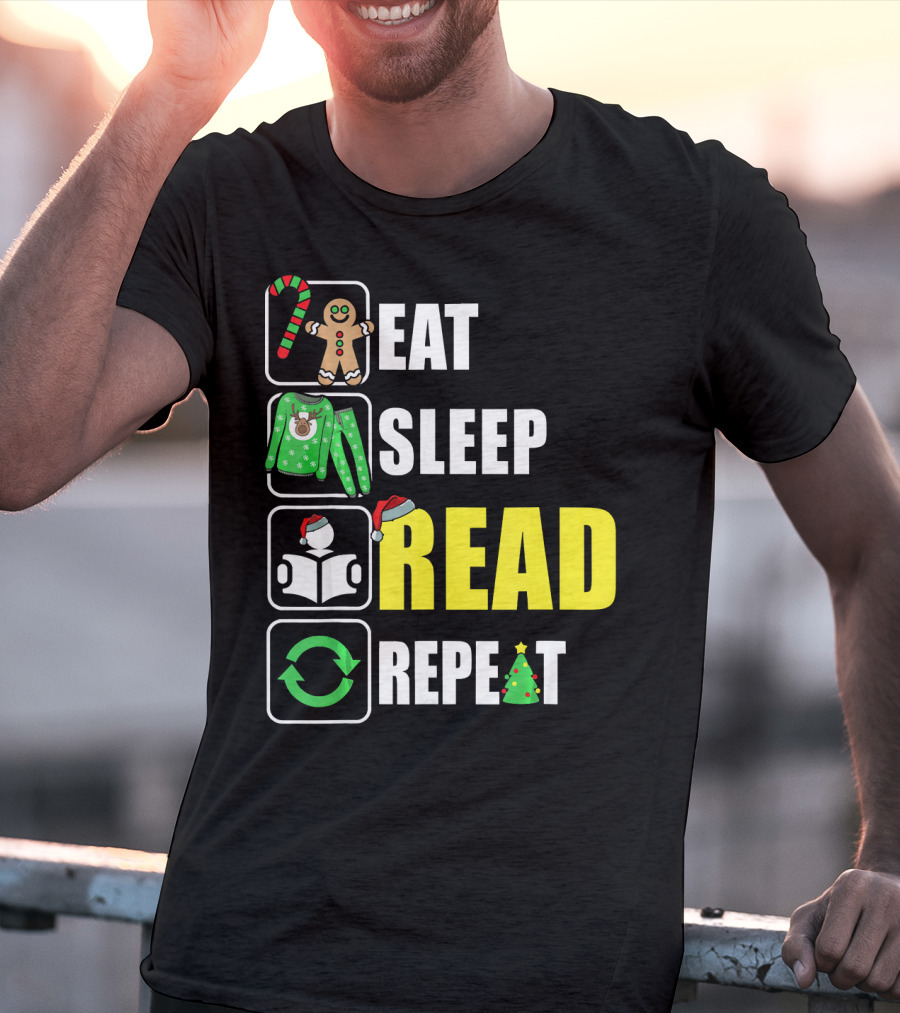 Eat Sleep Read Repeat Christmas Gingerbread Candy Cane Sweater Book Tree T-Shirt