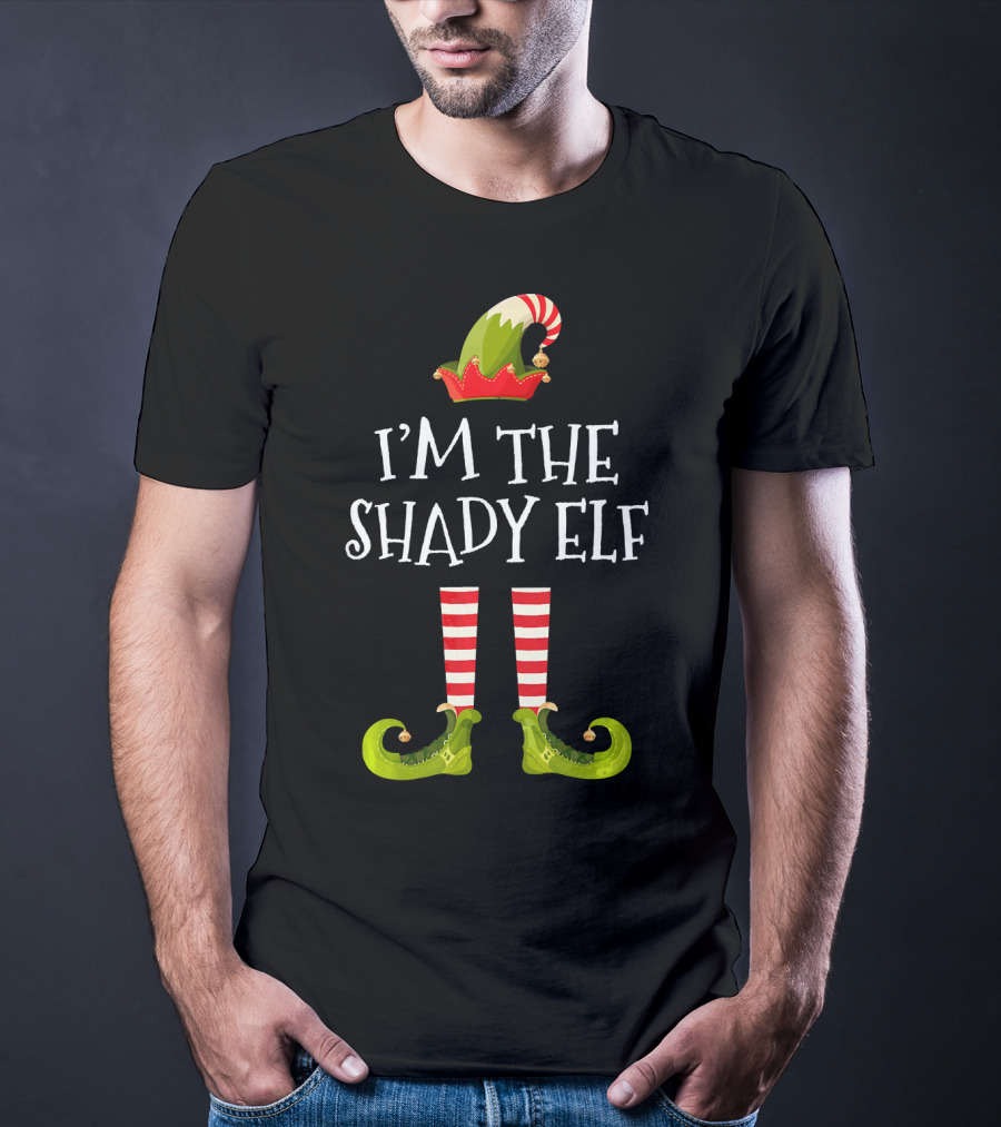 I'm The Shady Elf Christmas Costume Striped Socks Festive Hat Green Shoes T-Shirt