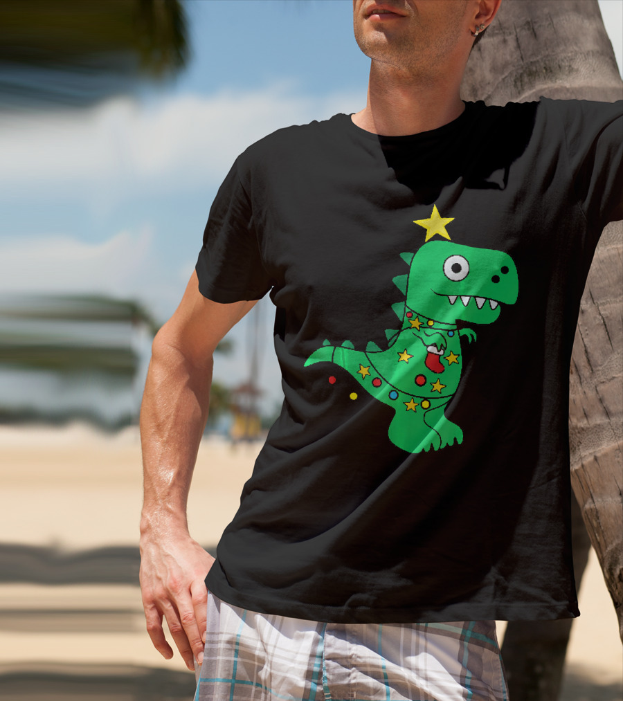 Christmas Dinosaur Rex With Star And Lights T-Shirt