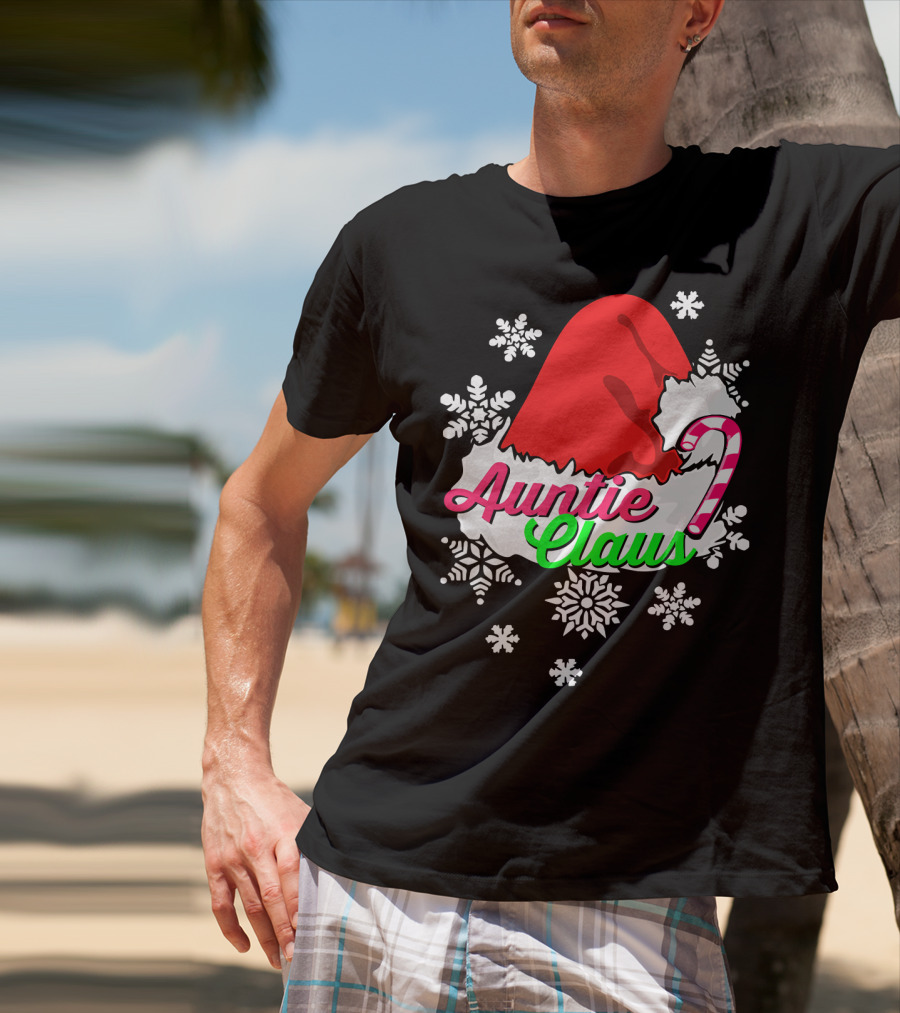 Auntie Claus Christmas Candy Cane Snowflakes Santa Hat T-Shirt
