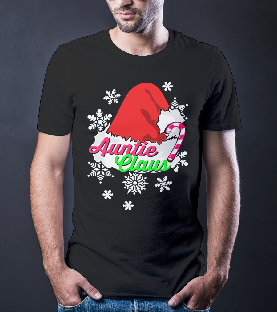 Auntie Claus Christmas Candy Cane Snowflakes Santa Hat T-Shirt