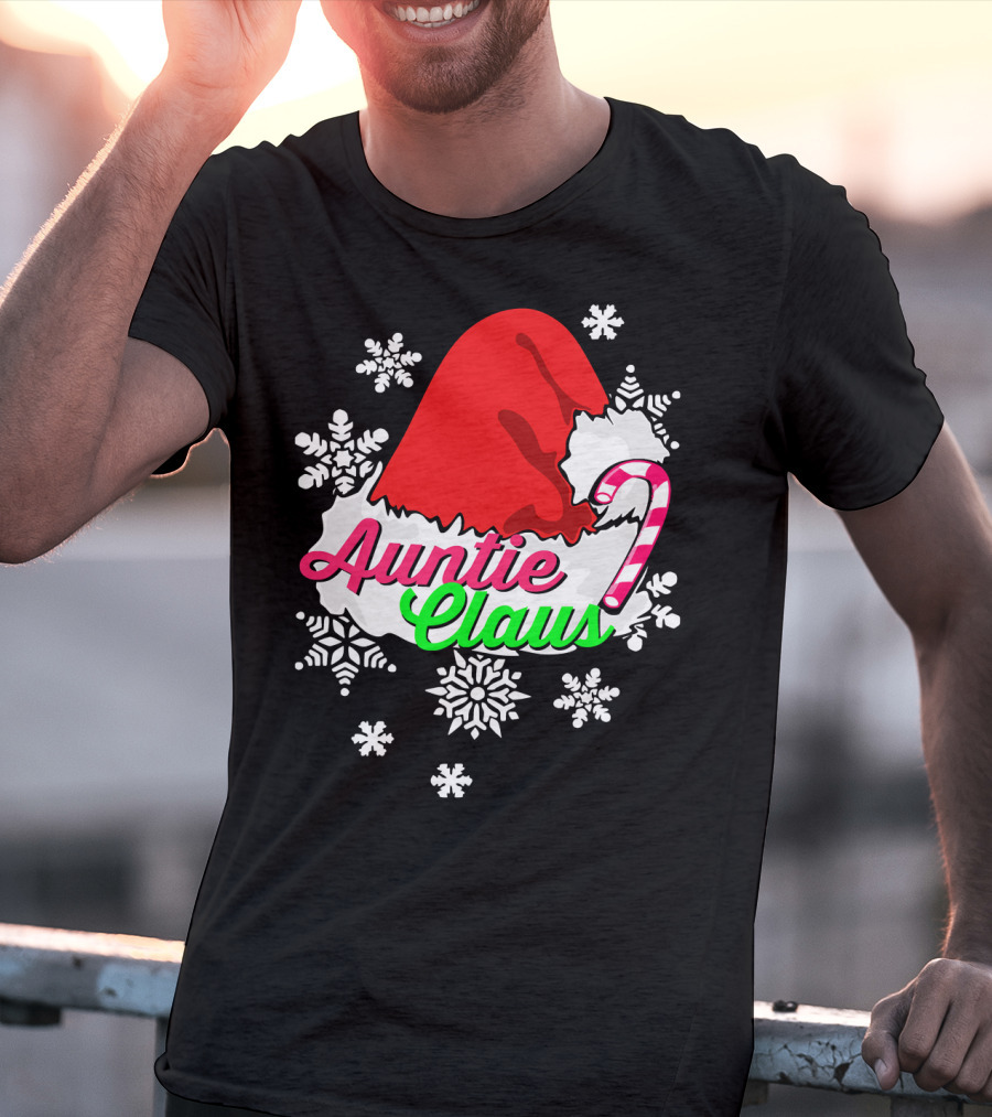 Auntie Claus Christmas Candy Cane Snowflakes Santa Hat T-Shirt