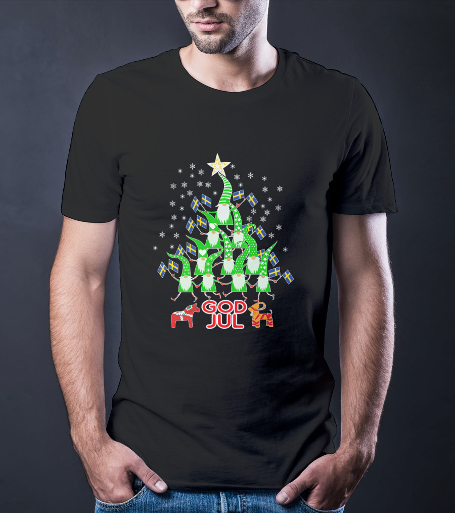 God Jul Christmas Tree Swedish Flags Tomte Nisse Dala Horse T-Shirt