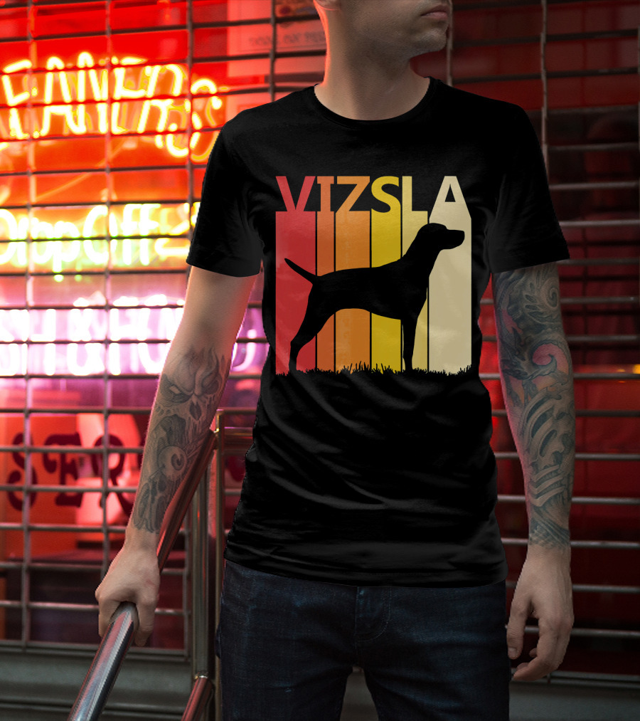 Retro Vizsla Dog Silhouette With Gradient Stripes T-Shirt