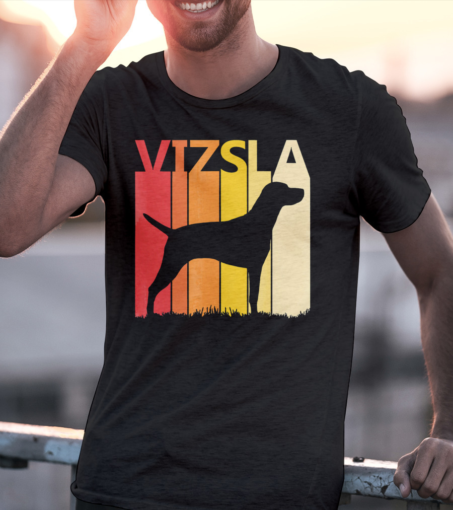 Retro Vizsla Dog Silhouette With Gradient Stripes T-Shirt