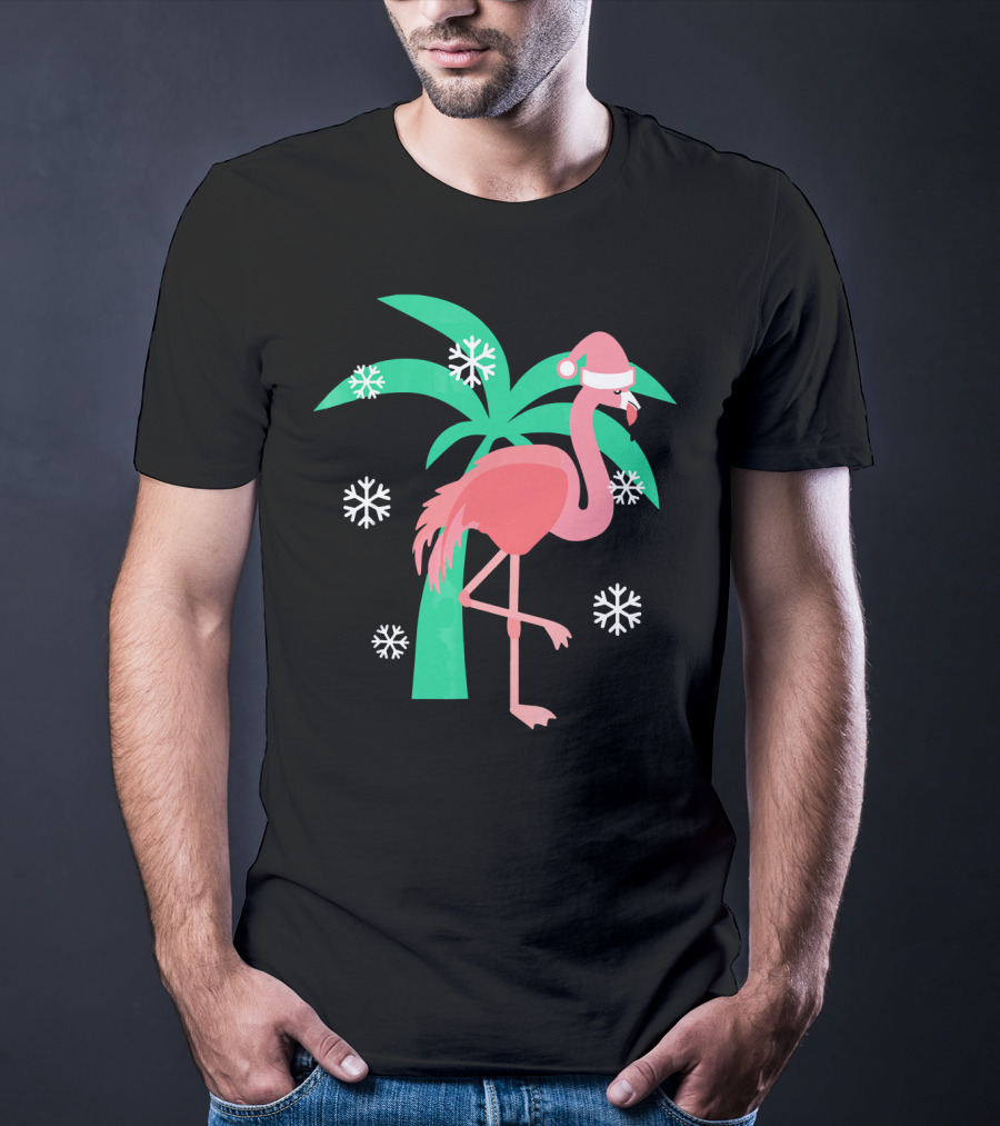 Pink Flamingo With Santa Hat And Palm Tree Snowflakes Christmas T-Shirt