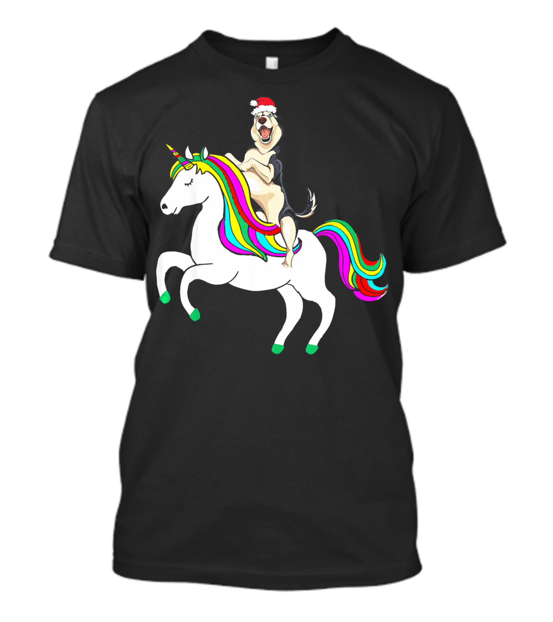 Pug Christmas Dog Riding Rainbow Unicorn T-Shirt