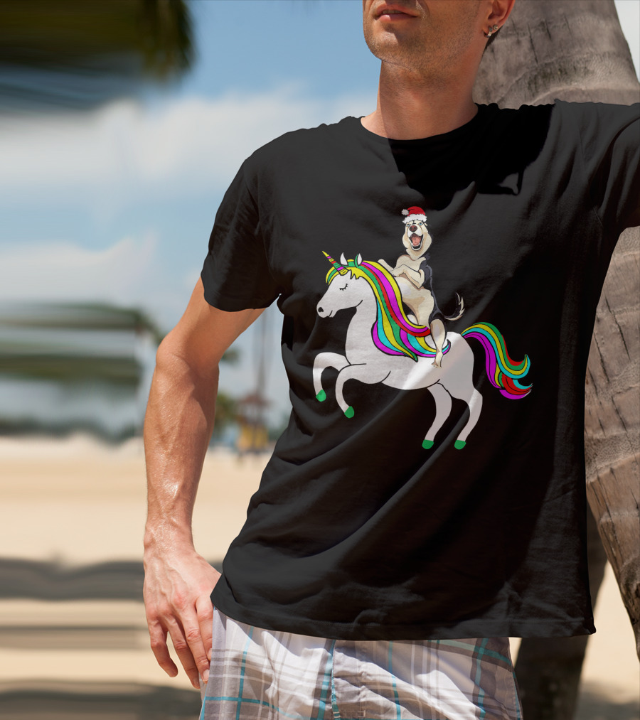 Pug Christmas Dog Riding Rainbow Unicorn T-Shirt