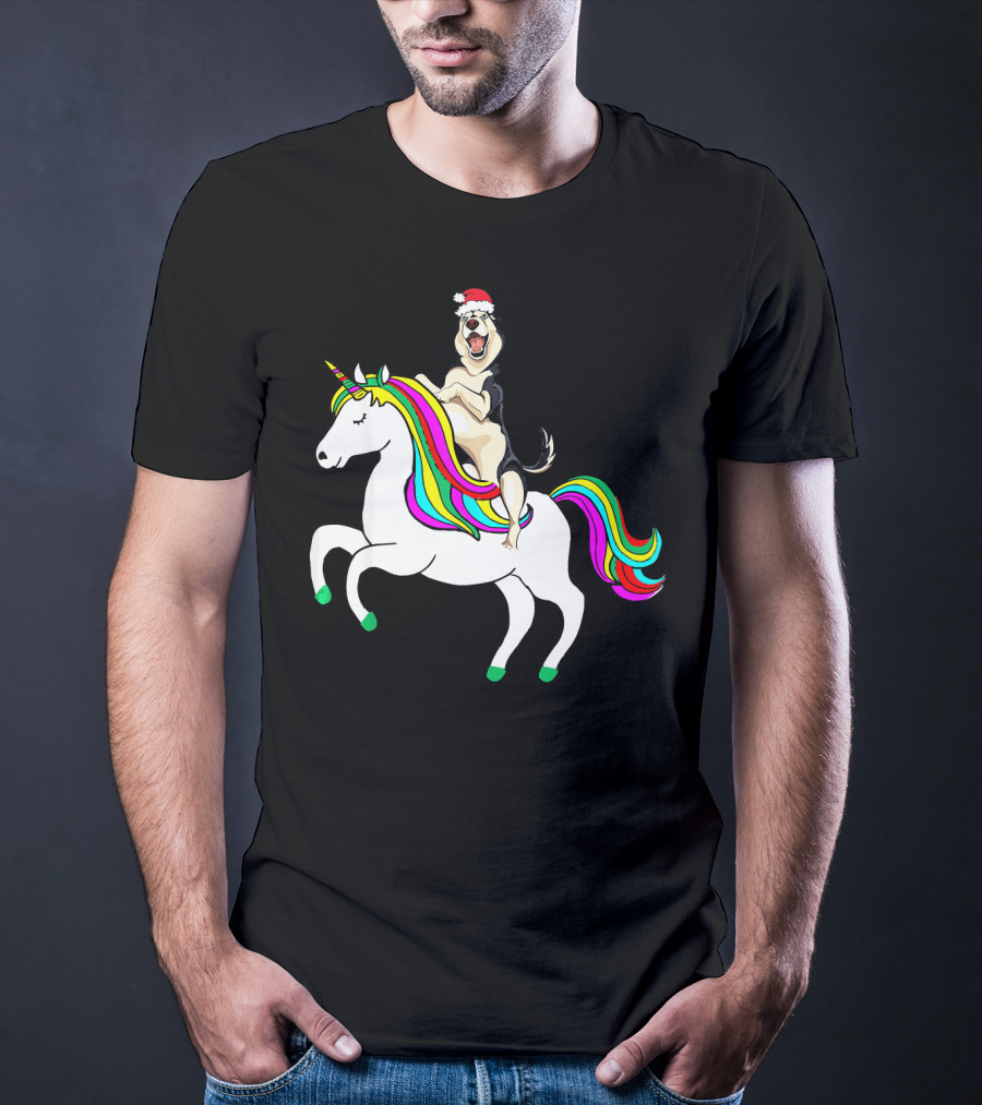 Pug Christmas Dog Riding Rainbow Unicorn T-Shirt