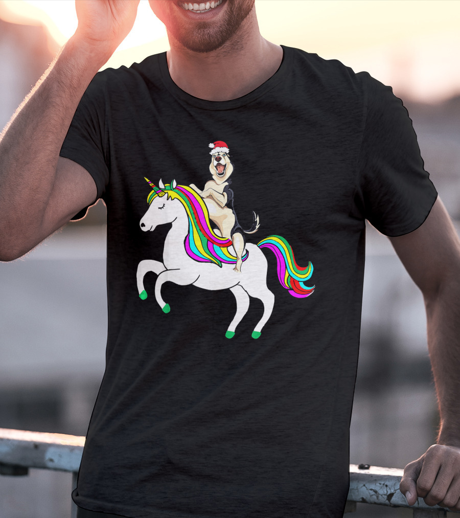 Pug Christmas Dog Riding Rainbow Unicorn T-Shirt