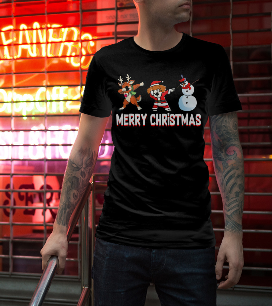 Merry Christmas Reindeer Santa Dog And Snowman T-Shirt