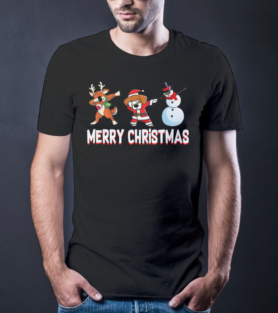 Merry Christmas Reindeer Santa Dog And Snowman T-Shirt