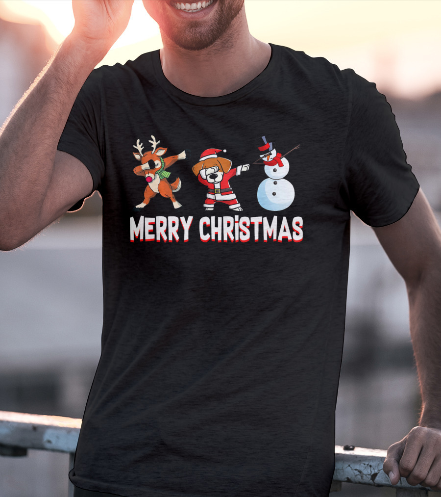 Merry Christmas Reindeer Santa Dog And Snowman T-Shirt