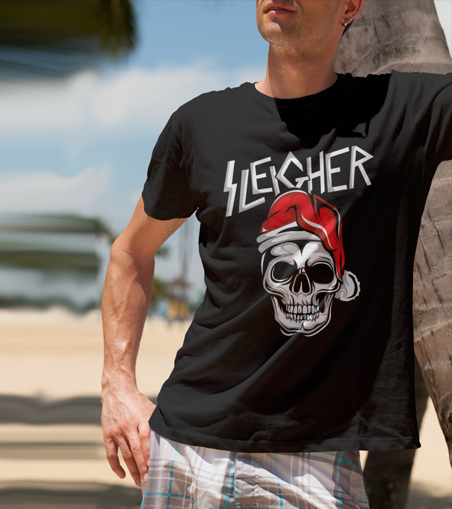 Sleigher Heavy Metal Music Skull With Santa Hat T-Shirt