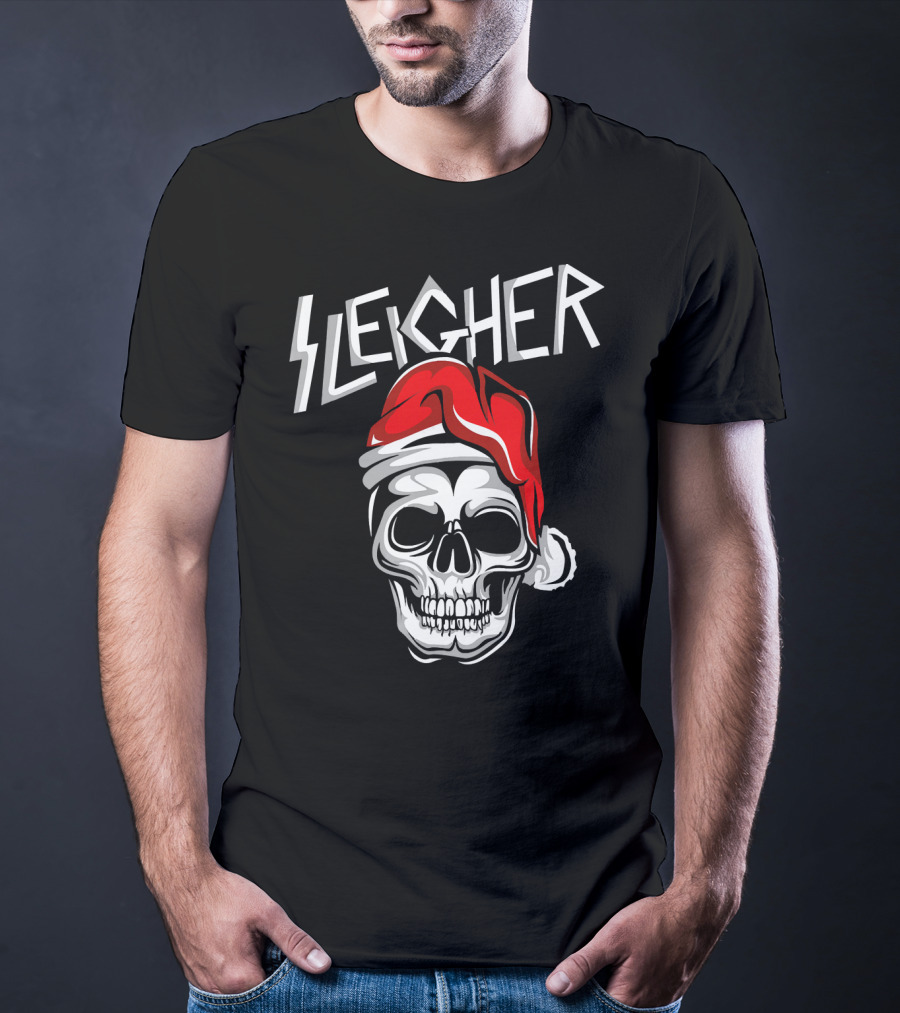 Sleigher Heavy Metal Music Skull With Santa Hat T-Shirt