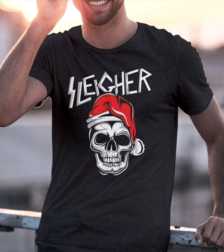 Sleigher Heavy Metal Music Skull With Santa Hat T-Shirt