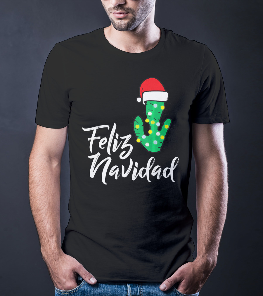 Feliz Navidad Cactus With Santa Hat And Christmas Lights T-Shirt