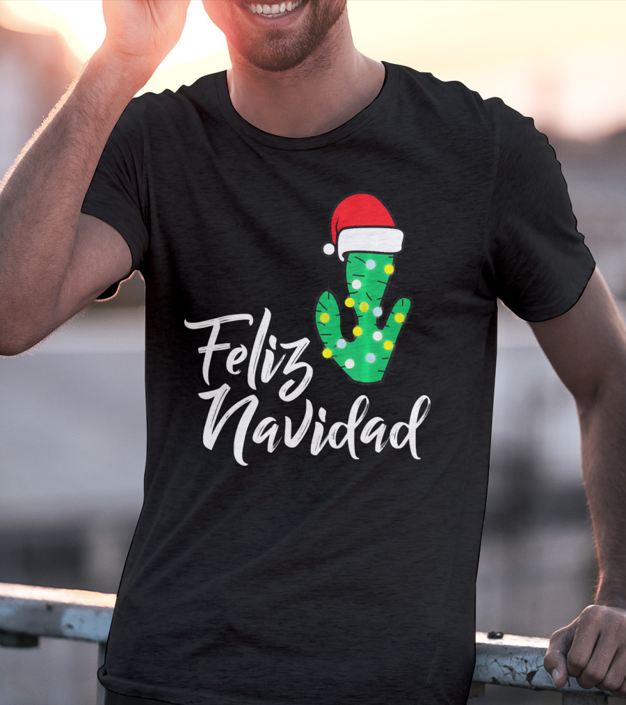 Feliz Navidad Cactus With Santa Hat And Christmas Lights T-Shirt