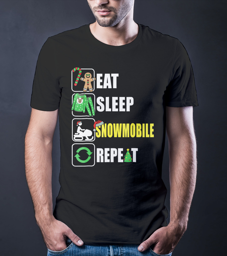 Eat Sleep Snowmobile Repeat Christmas Holiday Icons Gingerbread Sweater Candy Cane T-Shirt