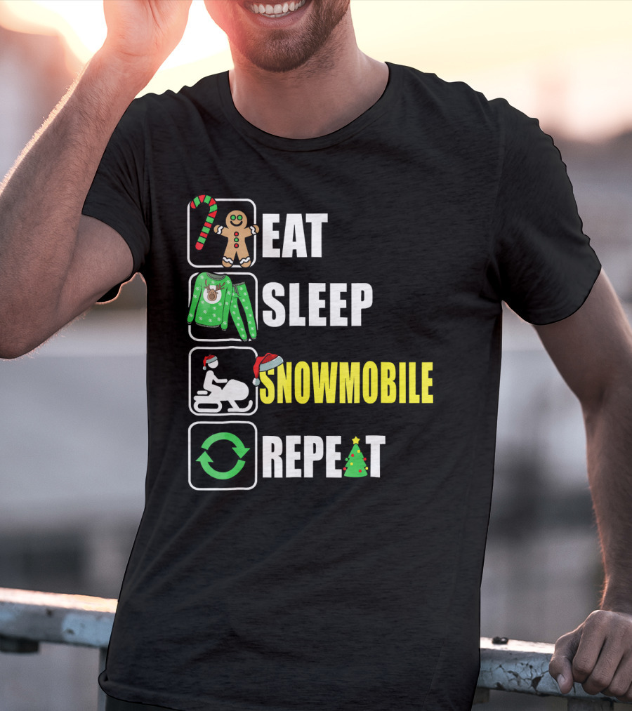 Eat Sleep Snowmobile Repeat Christmas Holiday Icons Gingerbread Sweater Candy Cane T-Shirt