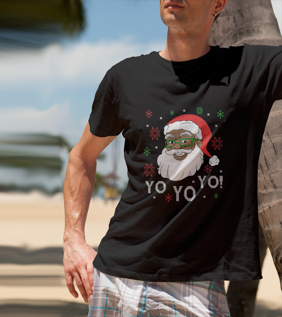 Yo Yo Yo Fun Black Santa Claus Christmas Snowflakes Glasses T-Shirt