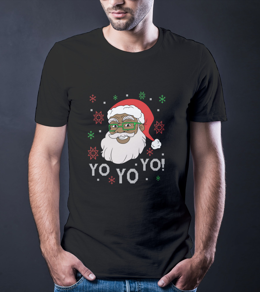 Yo Yo Yo Fun Black Santa Claus Christmas Snowflakes Glasses T-Shirt