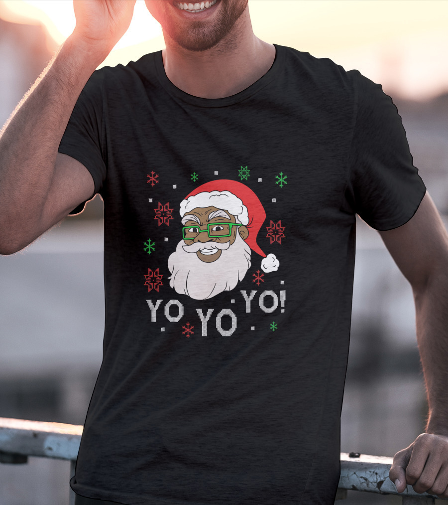 Yo Yo Yo Fun Black Santa Claus Christmas Snowflakes Glasses T-Shirt